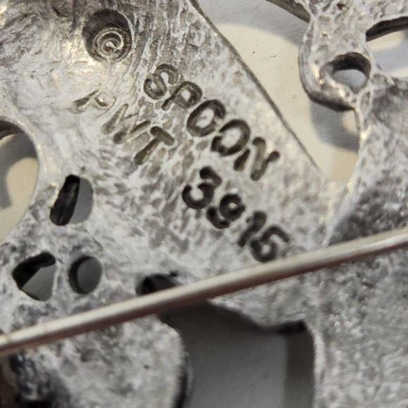 Spoon Vintage Pewter Heart Hummingbird Brooch Pin Floral Open Work Silver Tone - Picture 4 of 6